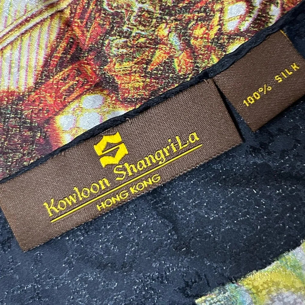 Vintage Kowloon Shangri-La HONG KONG 100% SILK‎ Scarf Asian Architecture Birds